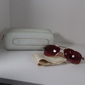 CHROME HEARTS Classic Elite White Leather Gold Aviator Sunglasses